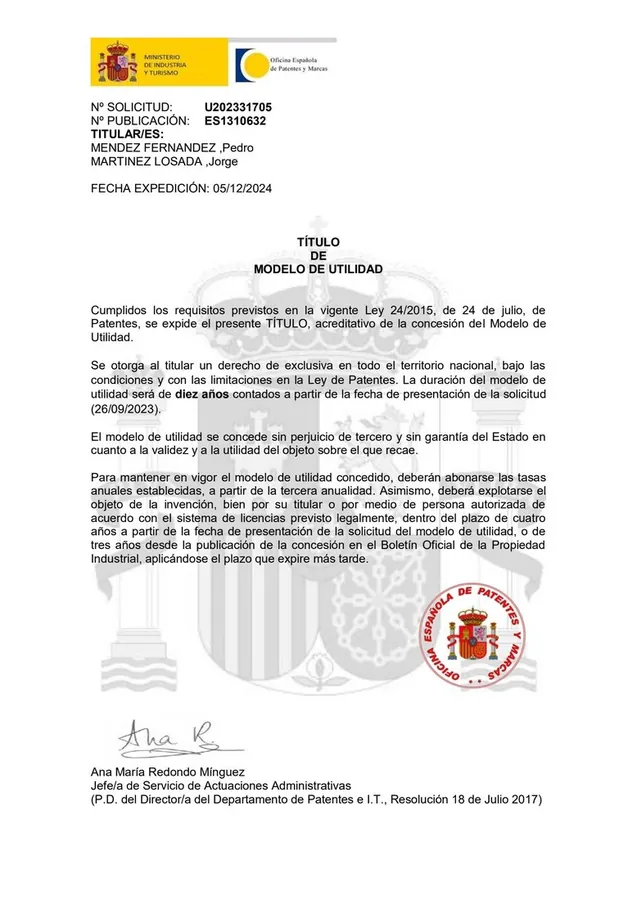 Título de modelo de utilidad ES1310632 expedido por la Oficina Española de Patentes y Marcas